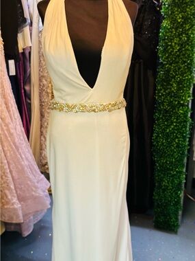 Jovani Cream Halter Gown with Gold Beaded Waist